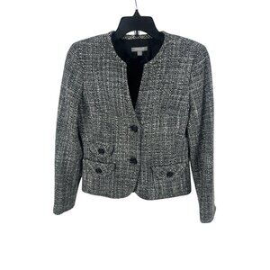 Ann Taylor Petites Womens Tweed Button-Up Blazer Jacket Black White  4P Business